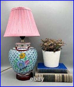 Vintage Blue Chinoiserie Floral Porcelain Table Lamp With Pink Clip-On Shade