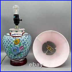 Vintage Blue Chinoiserie Floral Porcelain Table Lamp With Pink Clip-On Shade