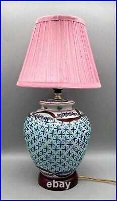 Vintage Blue Chinoiserie Floral Porcelain Table Lamp With Pink Clip-On Shade