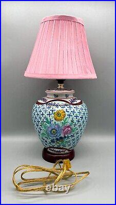 Vintage Blue Chinoiserie Floral Porcelain Table Lamp With Pink Clip-On Shade