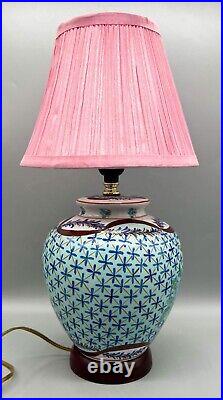 Vintage Blue Chinoiserie Floral Porcelain Table Lamp With Pink Clip-On Shade