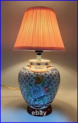 Vintage Blue Chinoiserie Floral Porcelain Table Lamp With Pink Clip-On Shade