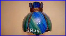Vintage Blue / Green Bent Slag Stained Glass Shade on Detailed Metal Base Lamp