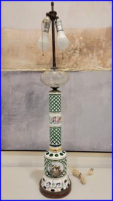 Vintage Bohemian Cut to Green Glass Table Lamp 35.5 Czech Style 2 Light