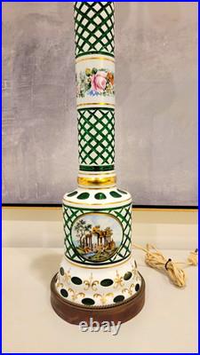 Vintage Bohemian Cut to Green Glass Table Lamp 35.5 Czech Style 2 Light