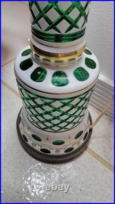 Vintage Bohemian Cut to Green Glass Table Lamp 35.5 Czech Style 2 Light