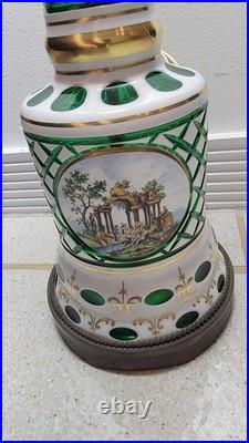 Vintage Bohemian Cut to Green Glass Table Lamp 35.5 Czech Style 2 Light