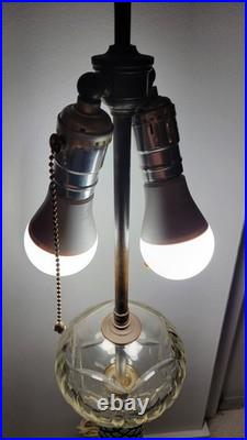 Vintage Bohemian Cut to Green Glass Table Lamp 35.5 Czech Style 2 Light