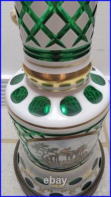 Vintage Bohemian Cut to Green Glass Table Lamp 35.5 Czech Style 2 Light