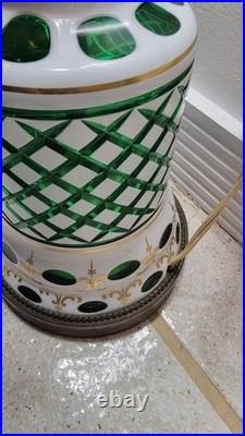 Vintage Bohemian Cut to Green Glass Table Lamp 35.5 Czech Style 2 Light