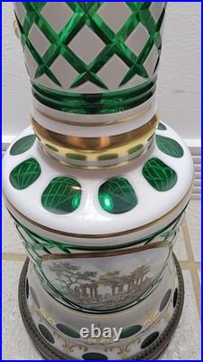 Vintage Bohemian Cut to Green Glass Table Lamp 35.5 Czech Style 2 Light
