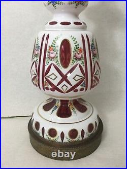 Vintage Bohemian Czech Milk Cut to Cranberry Glass Table Lamp, 32 Tall