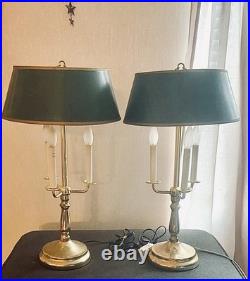 Vintage Bouillotte Brass Table Lamps with 3 Lights and Green Shades Set