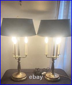 Vintage Bouillotte Brass Table Lamps with 3 Lights and Green Shades Set
