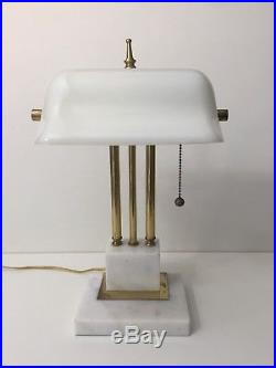 Vintage Brass Bankers Desk Lamp withMilk White Glass Shade and Marble Base
