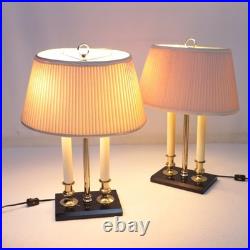 Vintage Brass Bouillotte Candlestick Table Lamp Pair Black Marble Colonial MCM