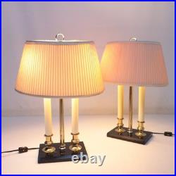 Vintage Brass Bouillotte Candlestick Table Lamp Pair Black Marble Colonial MCM