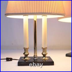 Vintage Brass Bouillotte Candlestick Table Lamp Pair Black Marble Colonial MCM