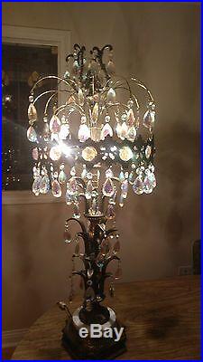 Vintage Brass Chandelier Crystal Pendant Table Lamp Over 3' Tall Marble Base