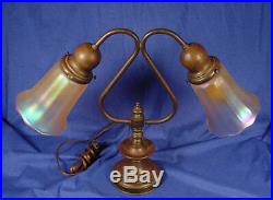 Vintage Brass/Copper Double Light Table/Desk Lamp WithSigned NUART Glass Shades