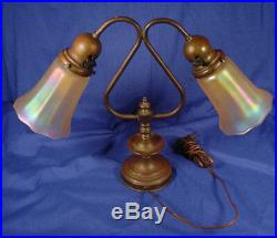 Vintage Brass/Copper Double Light Table/Desk Lamp WithSigned NUART Glass Shades