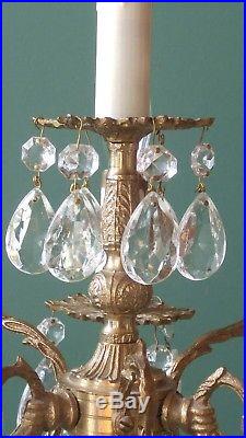 Vintage Brass Crystal Candelabra Table Lamp 4 Light French Boudoir Chandelier A1