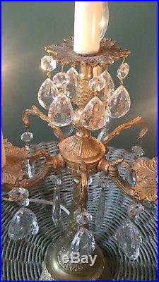 Vintage Brass Crystal Candelabra Table Lamp 4 Light French Boudoir Chandelier A1