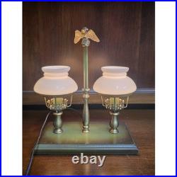Vintage Brass Double Arm Student Library Table/Desk Lamp Milk Glass Shades Eagle