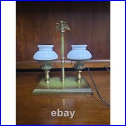 Vintage Brass Double Arm Student Library Table/Desk Lamp Milk Glass Shades Eagle