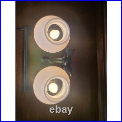 Vintage Brass Double Arm Student Library Table/Desk Lamp Milk Glass Shades Eagle