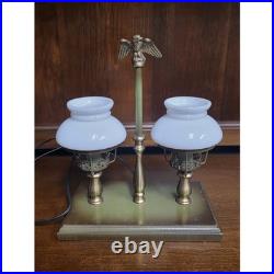 Vintage Brass Double Arm Student Library Table/Desk Lamp Milk Glass Shades Eagle