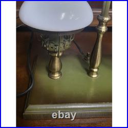 Vintage Brass Double Arm Student Library Table/Desk Lamp Milk Glass Shades Eagle