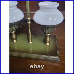 Vintage Brass Double Arm Student Library Table/Desk Lamp Milk Glass Shades Eagle
