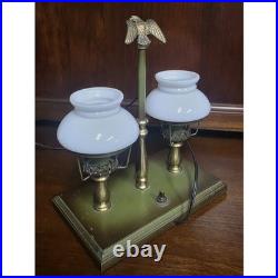 Vintage Brass Double Arm Student Library Table/Desk Lamp Milk Glass Shades Eagle