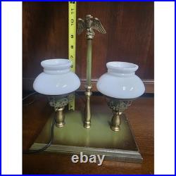 Vintage Brass Double Arm Student Library Table/Desk Lamp Milk Glass Shades Eagle