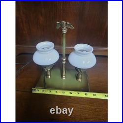 Vintage Brass Double Arm Student Library Table/Desk Lamp Milk Glass Shades Eagle