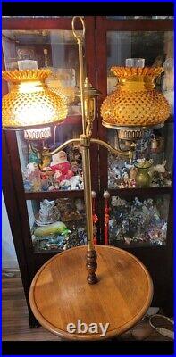 Vintage Brass Double Hurricane Lamp Amber Hobnail Shades With Table