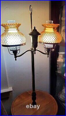 Vintage Brass Double Hurricane Lamp Amber Hobnail Shades With Table