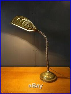 Vintage Brass Gooseneck Desk / Table Lamp With Clam Shell Shade