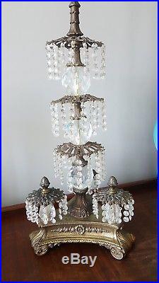 Vintage Brass Hanging Crystal Prism Chandelier Table Lamp Hollywood Regency 3 wa