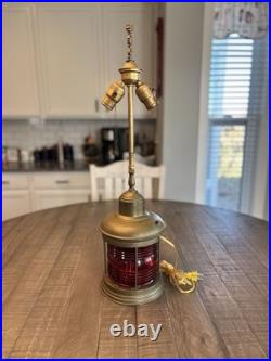 Vintage Brass Nautical Table Lamp RUBAL Anchor Red Fresnel Glass Shade