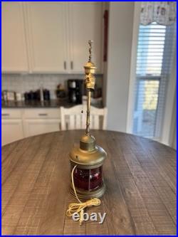 Vintage Brass Nautical Table Lamp RUBAL Anchor Red Fresnel Glass Shade