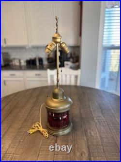 Vintage Brass Nautical Table Lamp RUBAL Anchor Red Fresnel Glass Shade