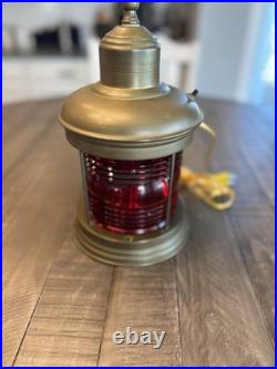 Vintage Brass Nautical Table Lamp RUBAL Anchor Red Fresnel Glass Shade