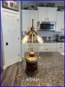 Vintage Brass Nautical Table Lamp RUBAL Anchor Red Fresnel Glass Shade