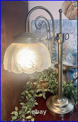 Vintage Brass Table Lamp Mottled Frosted Floral Glass Shade