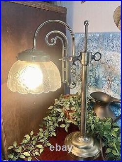 Vintage Brass Table Lamp Mottled Frosted Floral Glass Shade