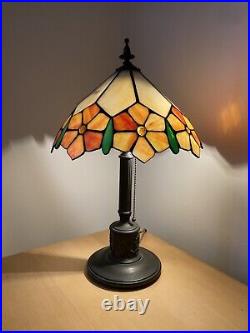 Vintage Bronze Table Two Light Lamp With Stained Glass Shade 20
