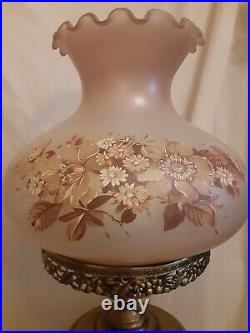 Vintage Brown tan White Floral brass Hurricane table Lamp SET works hand ptd