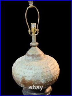 Vintage Brutalist Table Lamp Barrel Texture Blue Green Patina Metal Tested Works